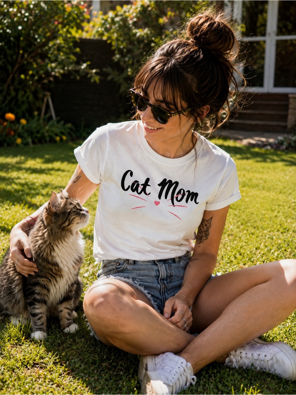 Cat Mom Graphic Tee White Short Sleeve T Shirt Cute Cat Lover Casual Top